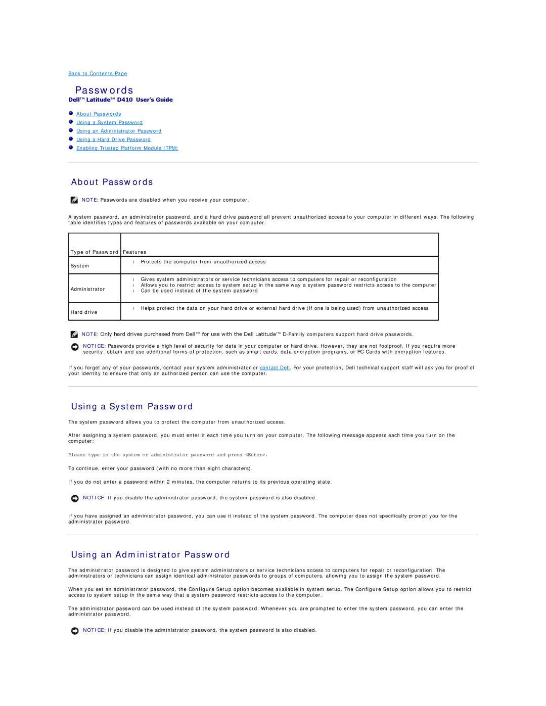 Dell D410, PP06S About Passwords, Using a System Password, Using an Administrator Password, Type of Password Features 