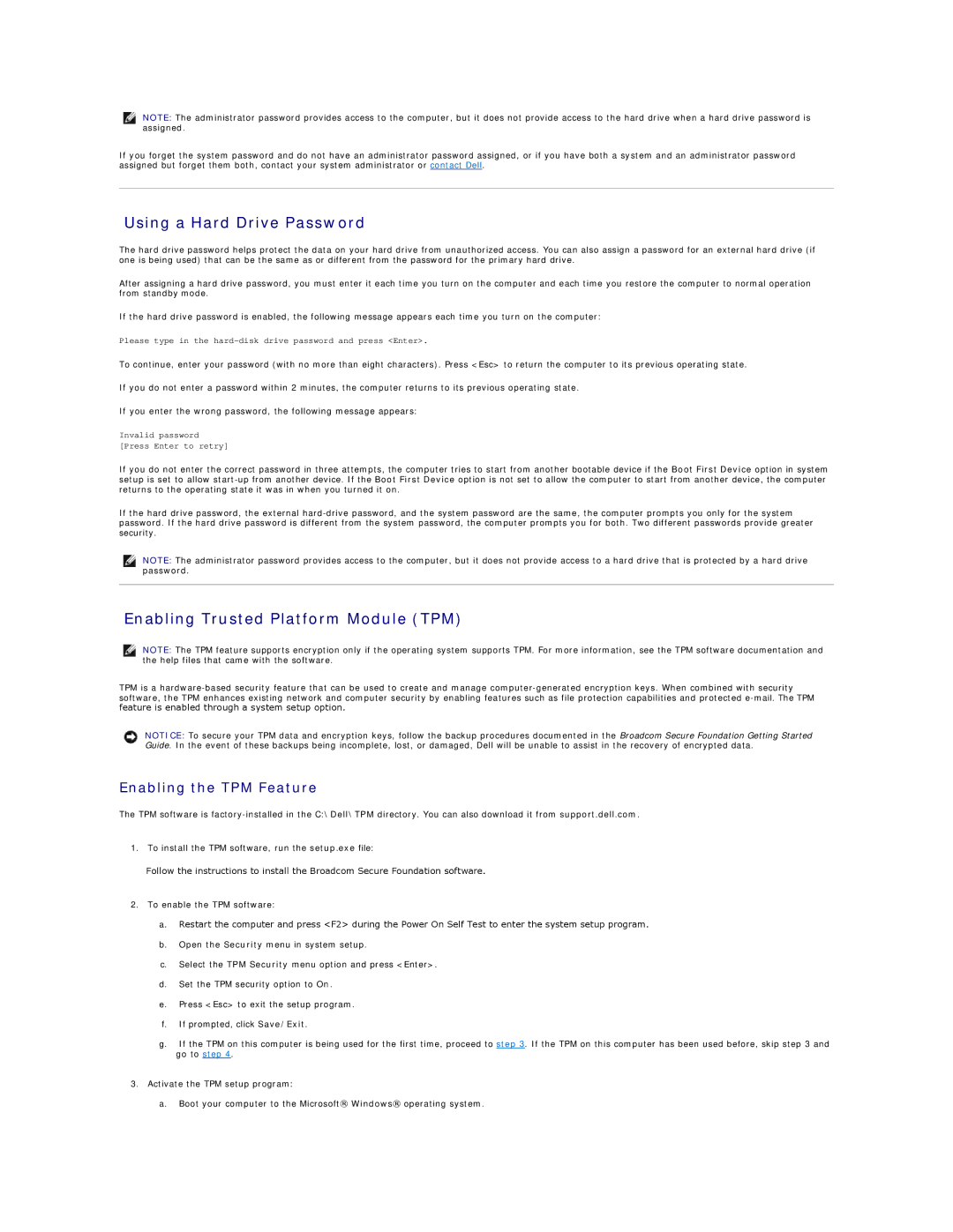 Dell PP06S, D410 specifications Using a Hard Drive Password, Enabling Trusted Platform Module TPM, Enabling the TPM Feature 