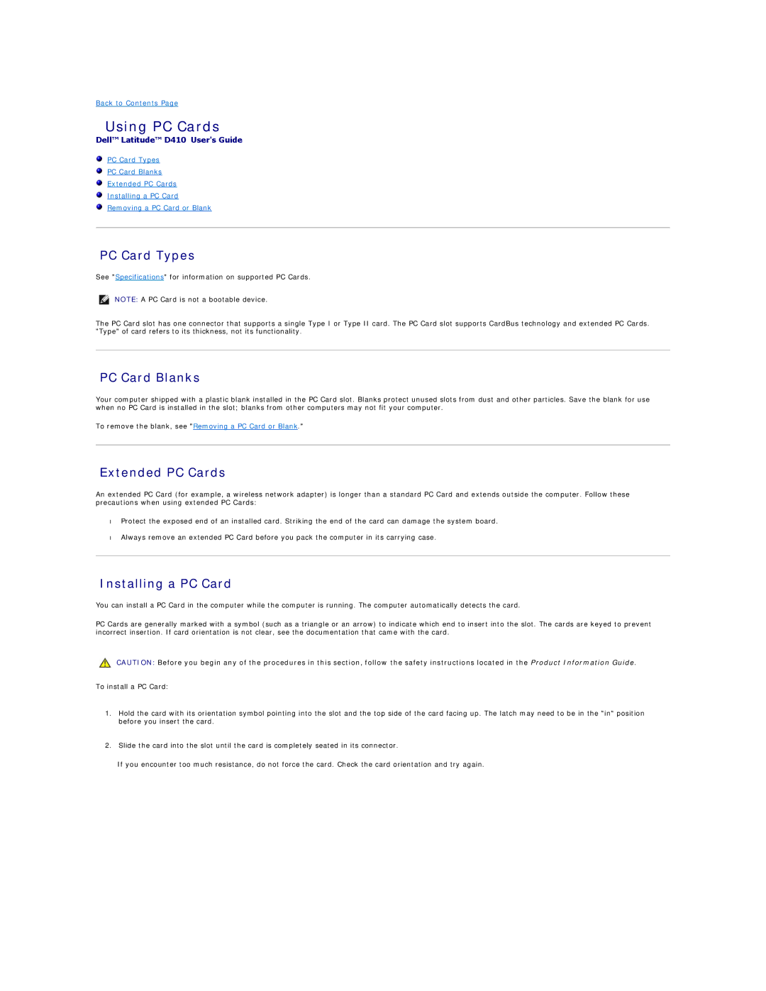 Dell PP06S, D410 specifications Using PC Cards, PC Card Types, PC Card Blanks, Extended PC Cards, Installing a PC Card 