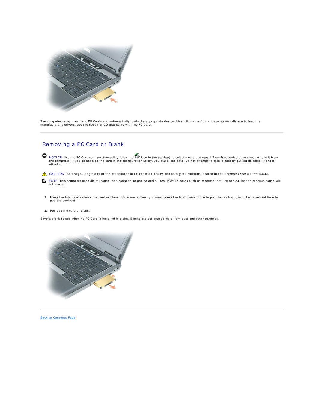 Dell D410, PP06S specifications Removing a PC Card or Blank 