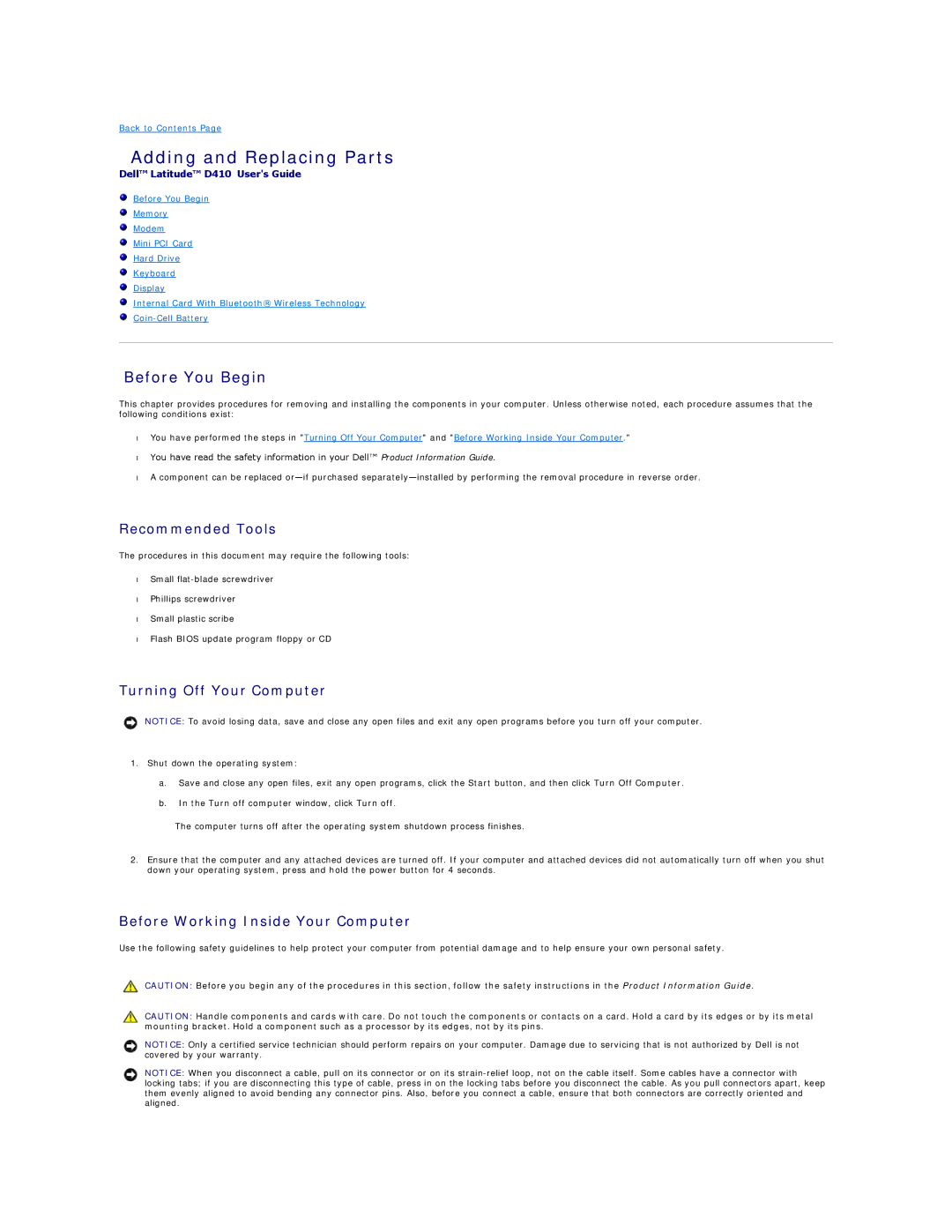 Dell D410, PP06S specifications Adding and Replacing Parts, Before You Begin, Recommended Tools, Turning Off Your Computer 