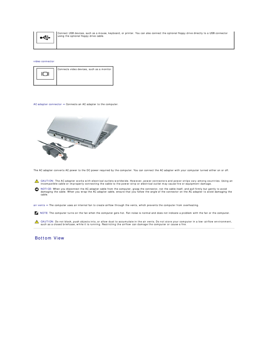 Dell D410, PP06S specifications Bottom View, Video connector 