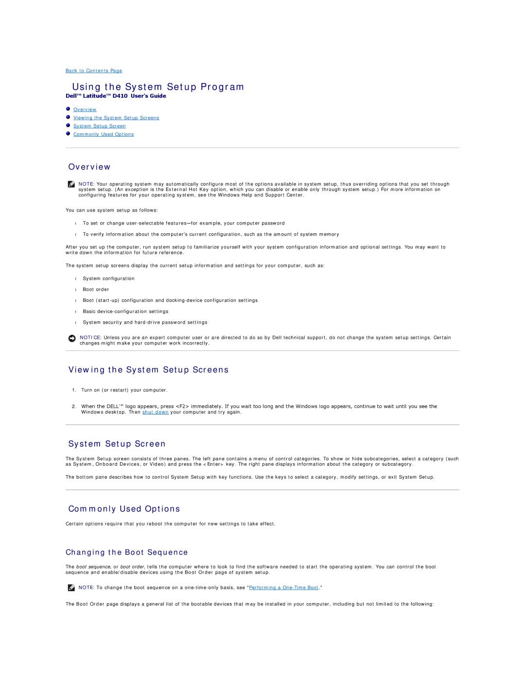 Dell PP06S, D410 Using the System Setup Program, Overview, Viewing the System Setup Screens, Commonly Used Options 