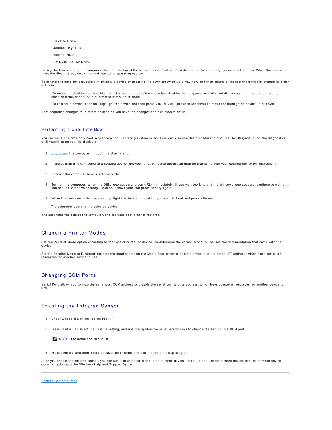 Dell D410, PP06S Changing Printer Modes, Changing COM Ports, Enabling the Infrared Sensor, Performing a One-Time Boot 