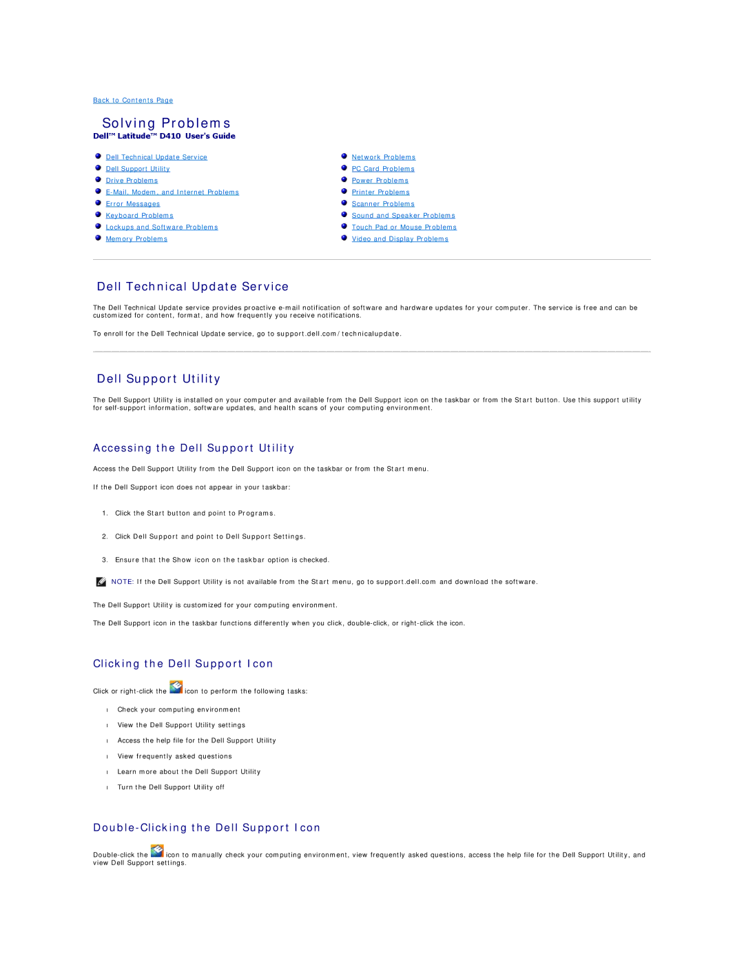 Dell D410, PP06S specifications Solving Problems, Dell Technical Update Service, Dell Support Utility 