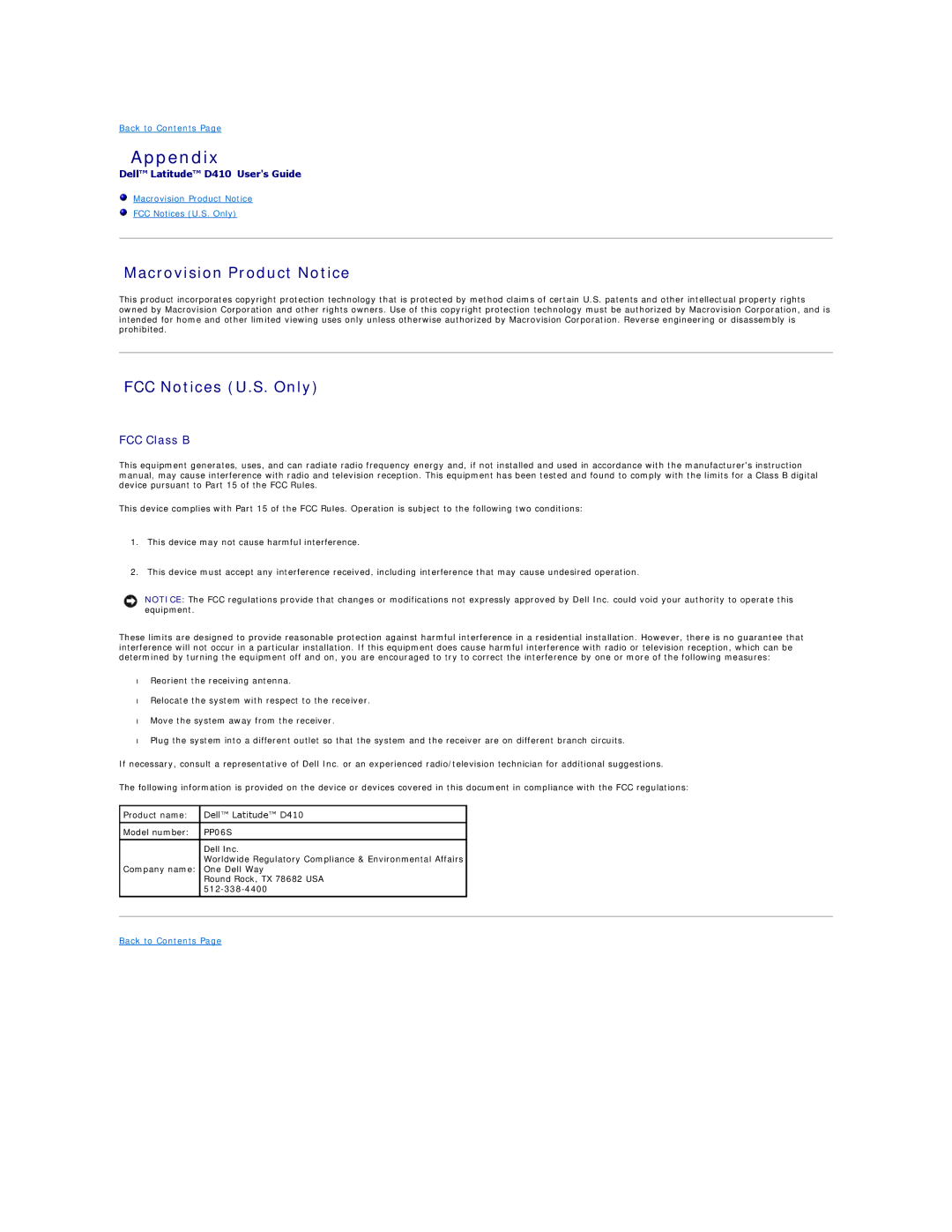 Dell D410, PP06S specifications Appendix, Macrovision Product Notice, FCC Notices U.S. Only, FCC Class B 