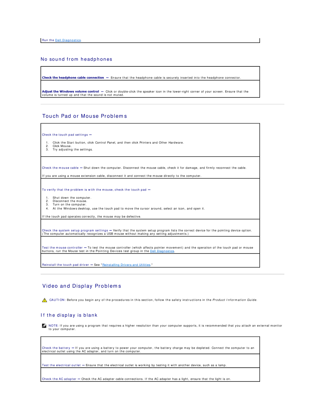 Dell PP06S Touch Pad or Mouse Problems, Video and Display Problems, No sound from headphones, If the display is blank 