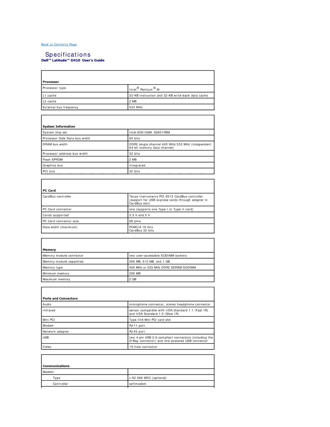 Dell PP06S, D410 specifications Specifications 