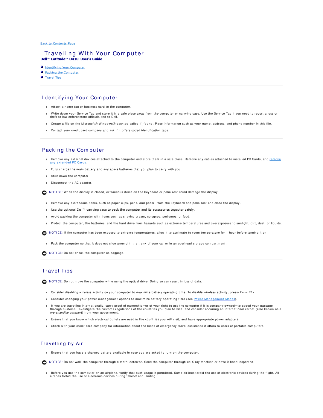 Dell D410 Travelling With Your Computer, Identifying Your Computer, Packing the Computer, Travel Tips, Travelling by Air 