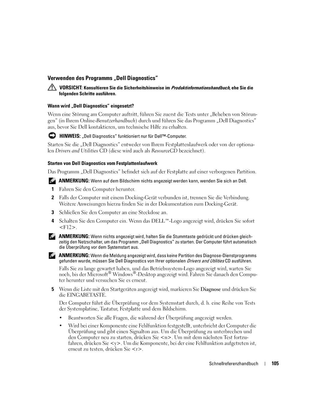 Dell PP06S manual Verwenden des Programms „Dell Diagnostics, Fahren Sie den Computer herunter, 105 