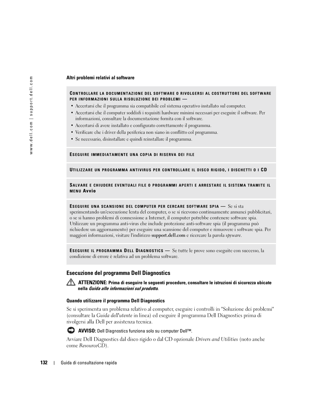 Dell PP06S manual Esecuzione del programma Dell Diagnostics, Altri problemi relativi al software, 132 