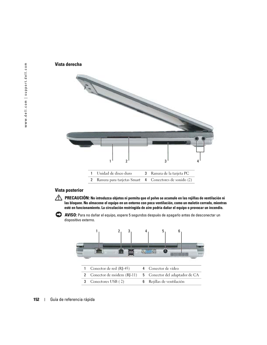 Dell PP06S manual Vista derecha, Vista posterior, 152 Guía de referencia rápida 