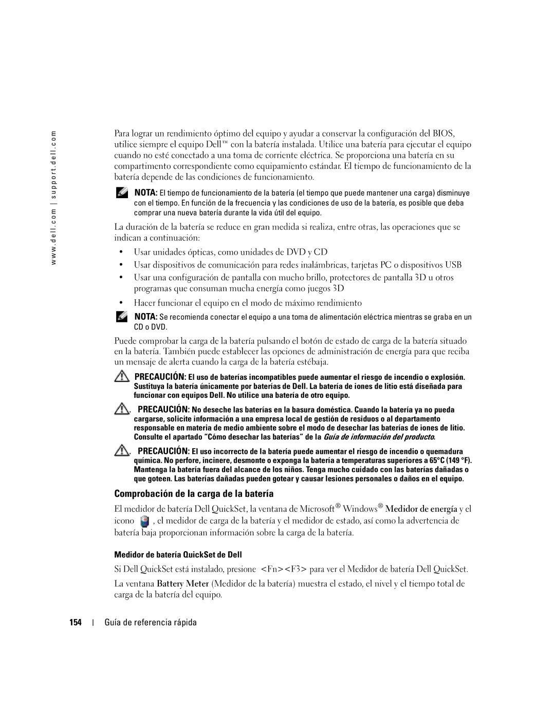 Dell PP06S manual Comprobación de la carga de la batería, 154 Guía de referencia rápida 