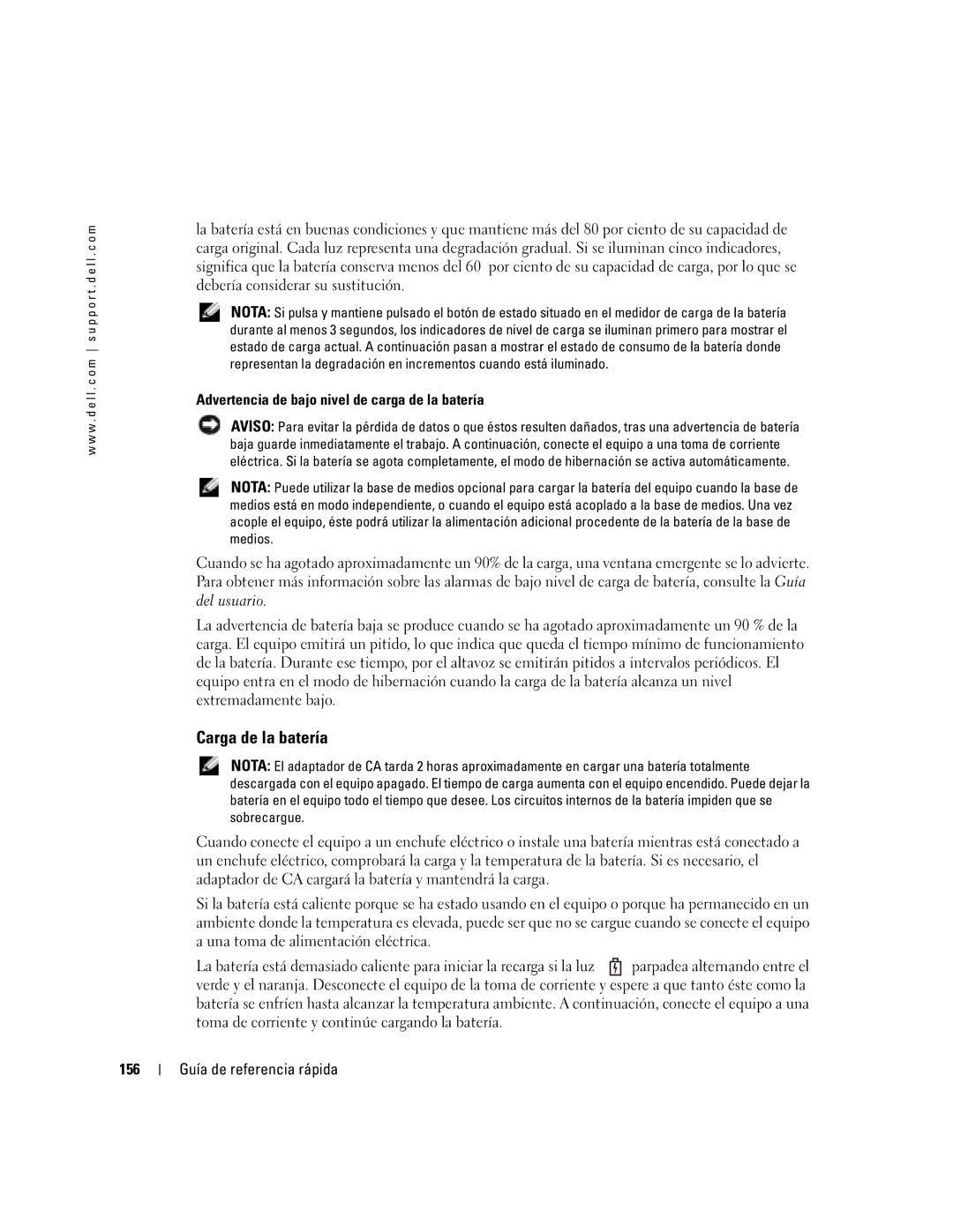 Dell PP06S manual Carga de la batería, Advertencia de bajo nivel de carga de la batería, 156 Guía de referencia rápida 