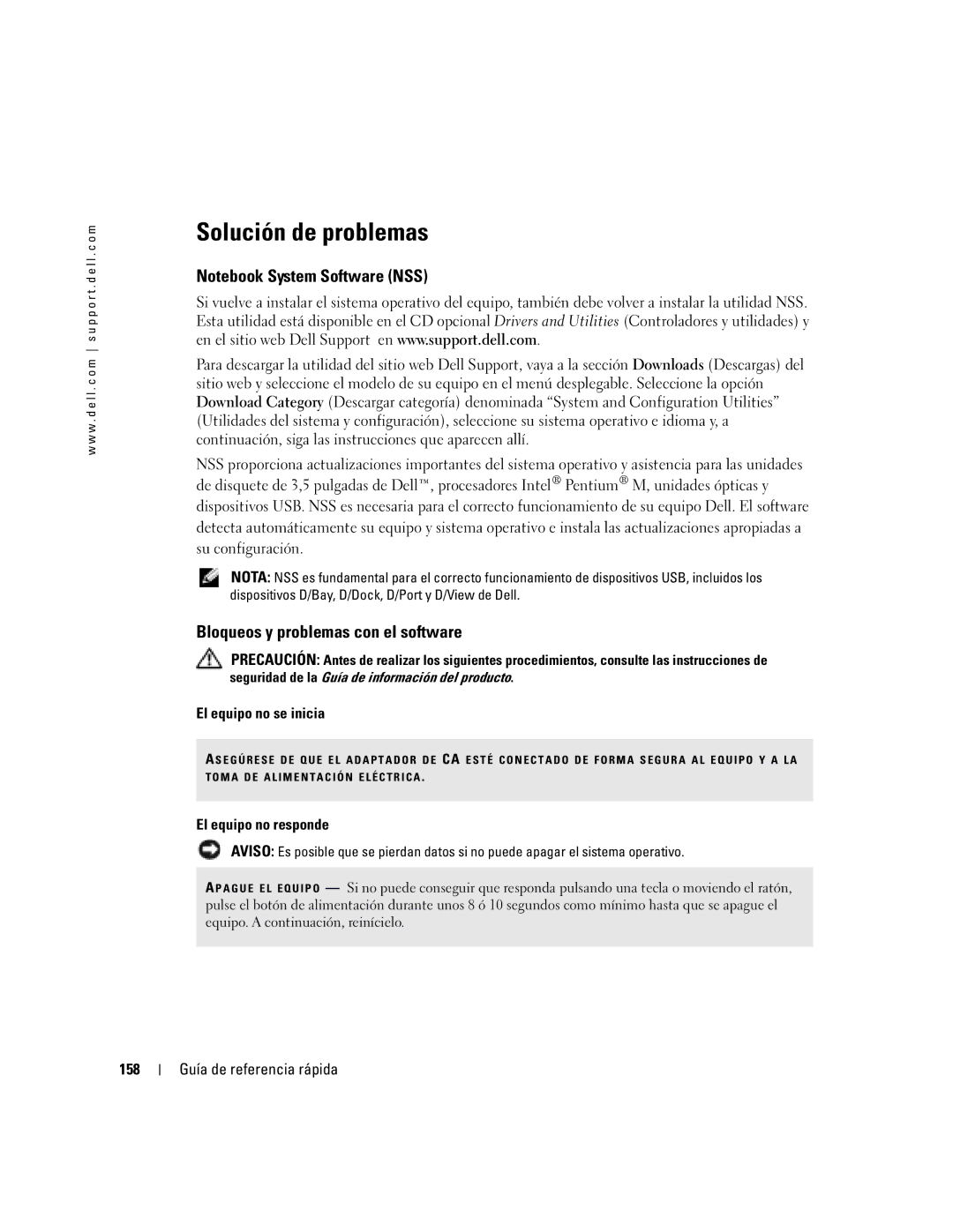 Dell PP06S Solución de problemas, Bloqueos y problemas con el software, El equipo no se inicia, El equipo no responde 