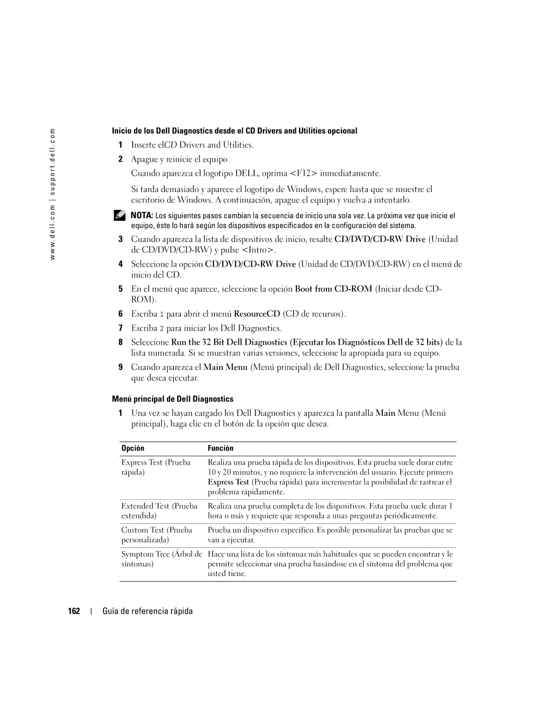 Dell PP06S manual Menú principal de Dell Diagnostics, 162 Guía de referencia rápida, Opción Función 