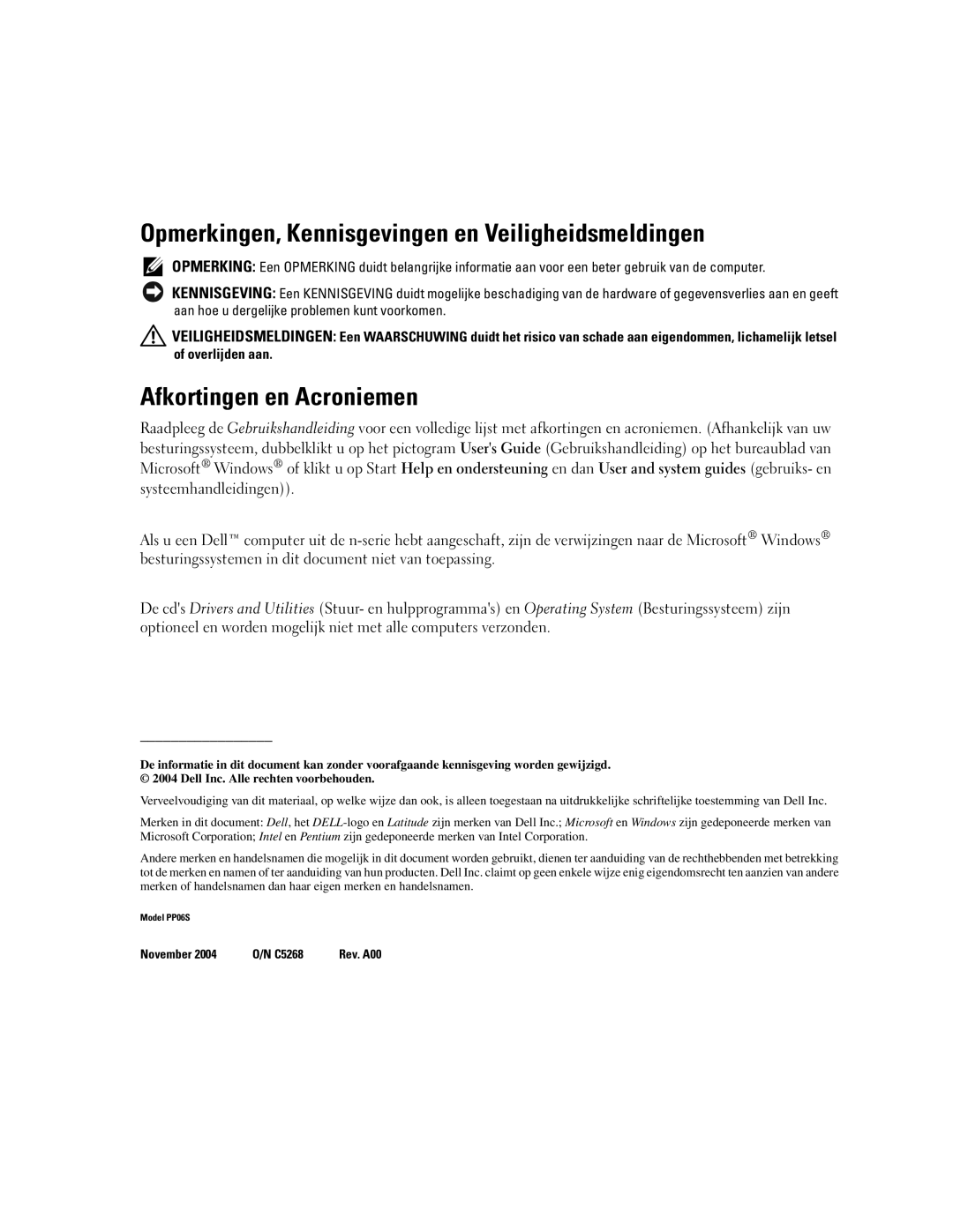 Dell PP06S manual Opmerkingen, Kennisgevingen en Veiligheidsmeldingen, Afkortingen en Acroniemen 