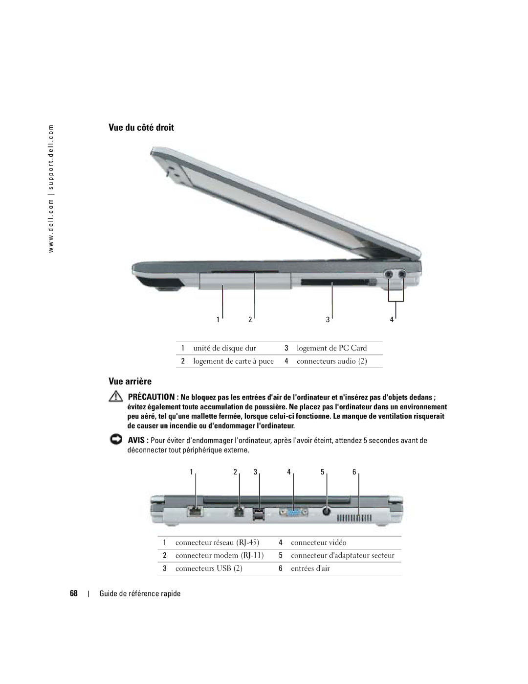 Dell PP06S manual Vue du côté droit, Vue arrière 