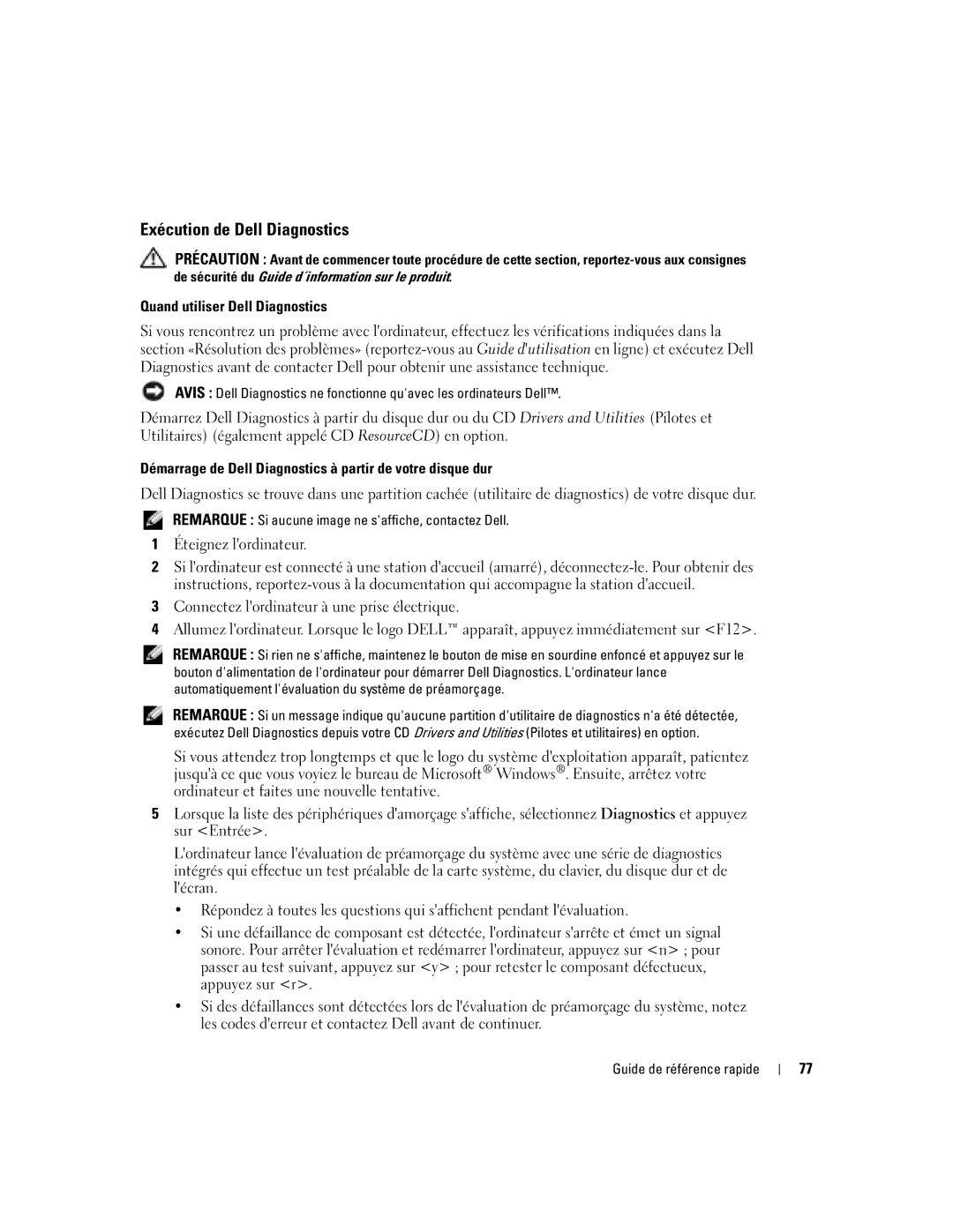 Dell PP06S manual Exécution de Dell Diagnostics, Quand utiliser Dell Diagnostics 