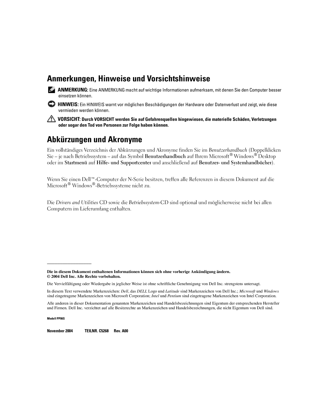 Dell PP06S manual Anmerkungen, Hinweise und Vorsichtshinweise, Abkürzungen und Akronyme 