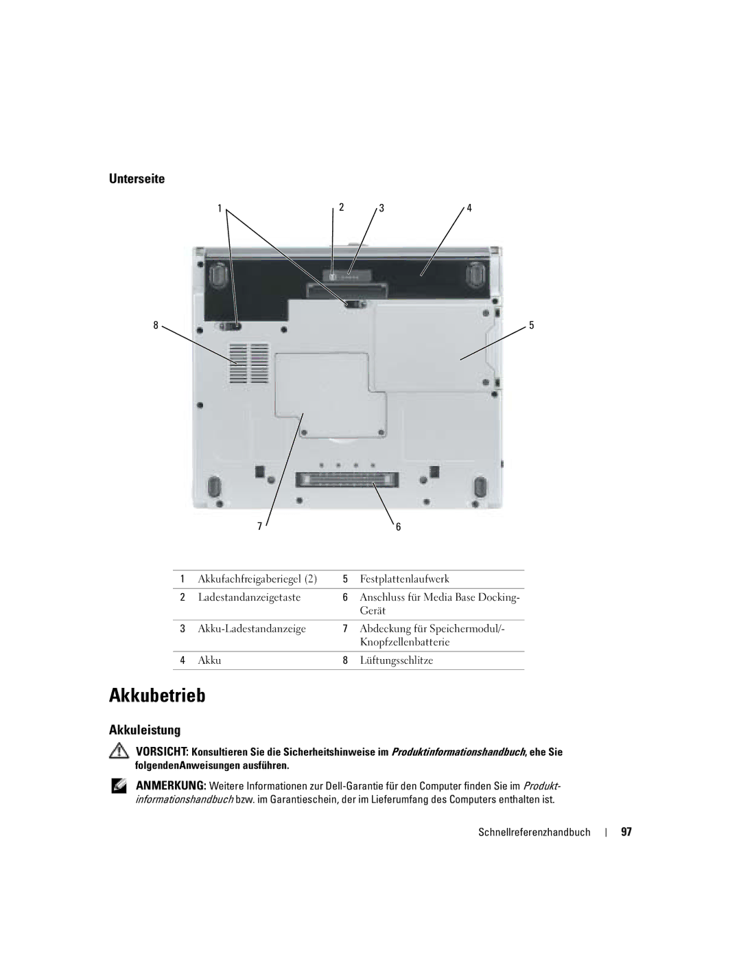 Dell PP06S manual Akkubetrieb, Unterseite, Akkuleistung, Gerät 