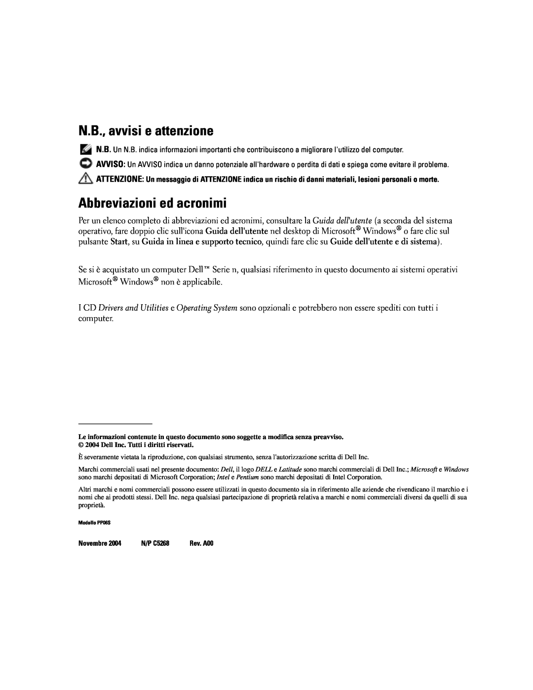 Dell PP06S manual N.B., avvisi e attenzione, Abbreviazioni ed acronimi 