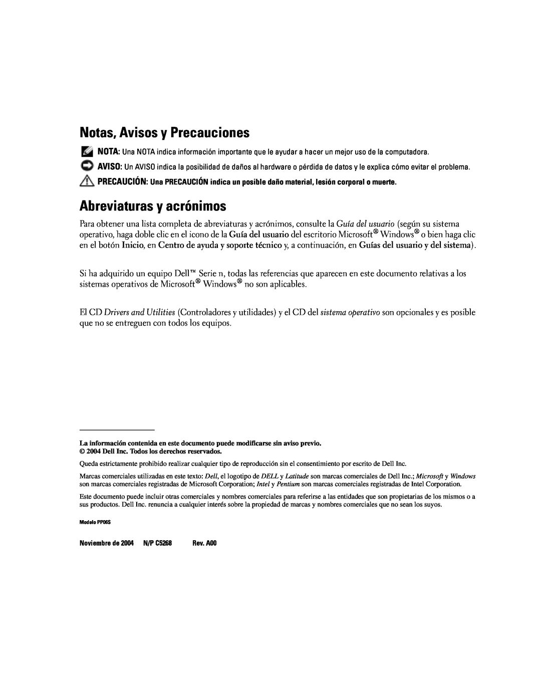 Dell PP06S manual Notas, Avisos y Precauciones, Abreviaturas y acrónimos, Noviembre de 2004 N/P C5268 