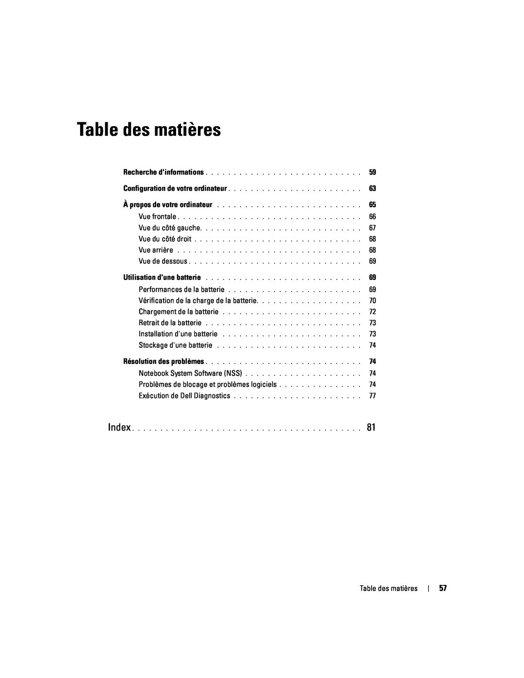 Dell PP06S manual Table des matières, Vérification de la charge de la batterie, Problèmes de blocage et problèmes logiciels 