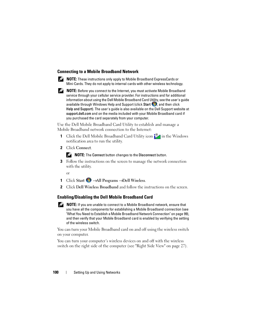 Dell PP06XA, TM373 Connecting to a Mobile Broadband Network, Enabling/Disabling the Dell Mobile Broadband Card, 100 