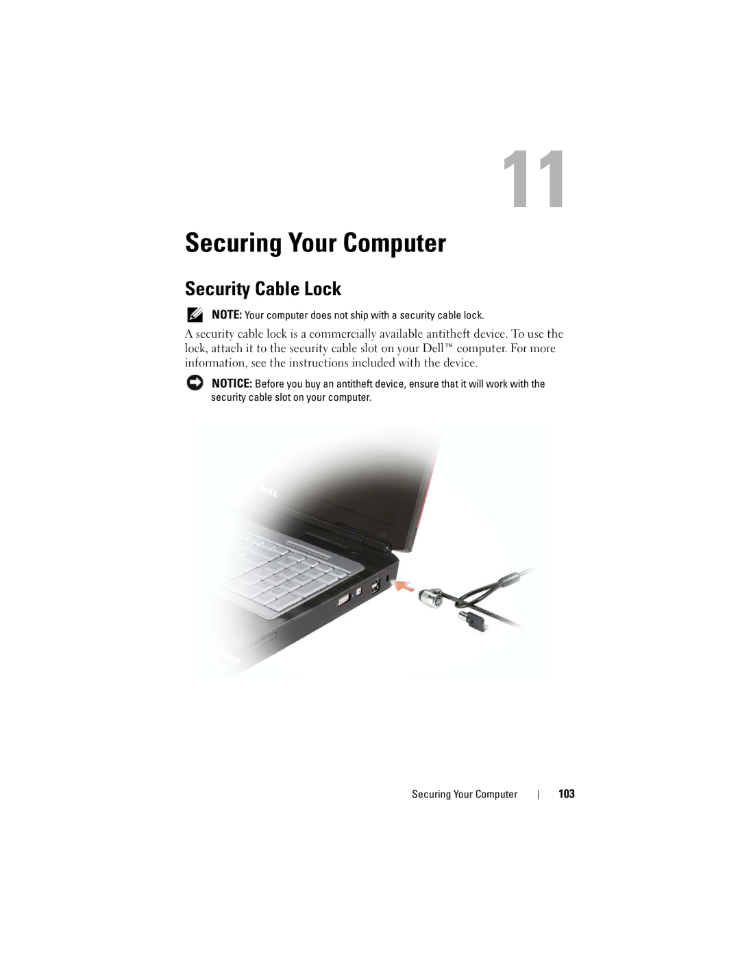 Dell TM373, PP06XA owner manual Securing Your Computer, Security Cable Lock, 103 