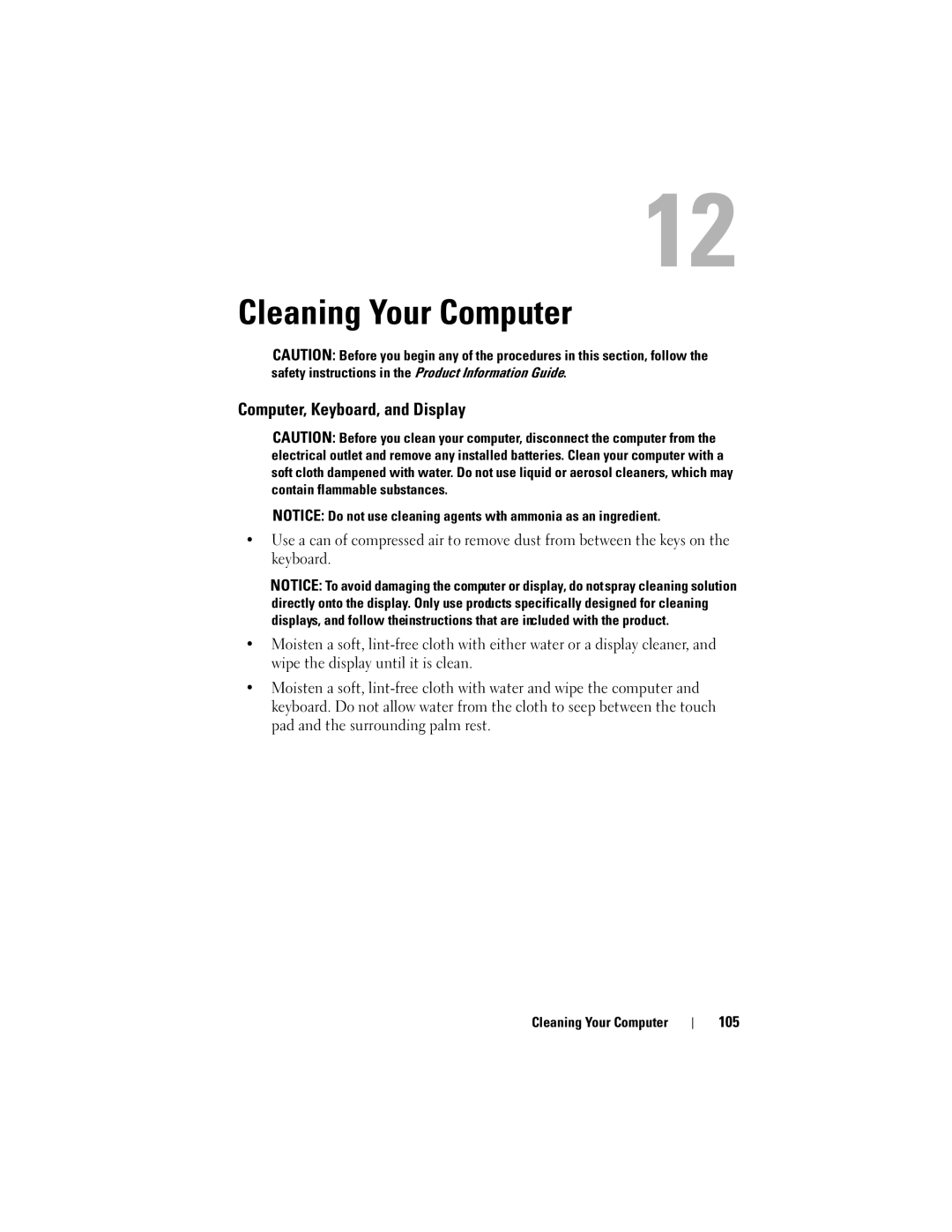 Dell TM373, PP06XA owner manual Cleaning Your Computer, Computer, Keyboard, and Display, 105 