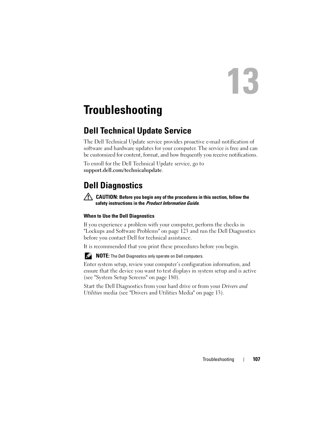 Dell TM373, PP06XA owner manual Troubleshooting, Dell Technical Update Service, When to Use the Dell Diagnostics, 107 