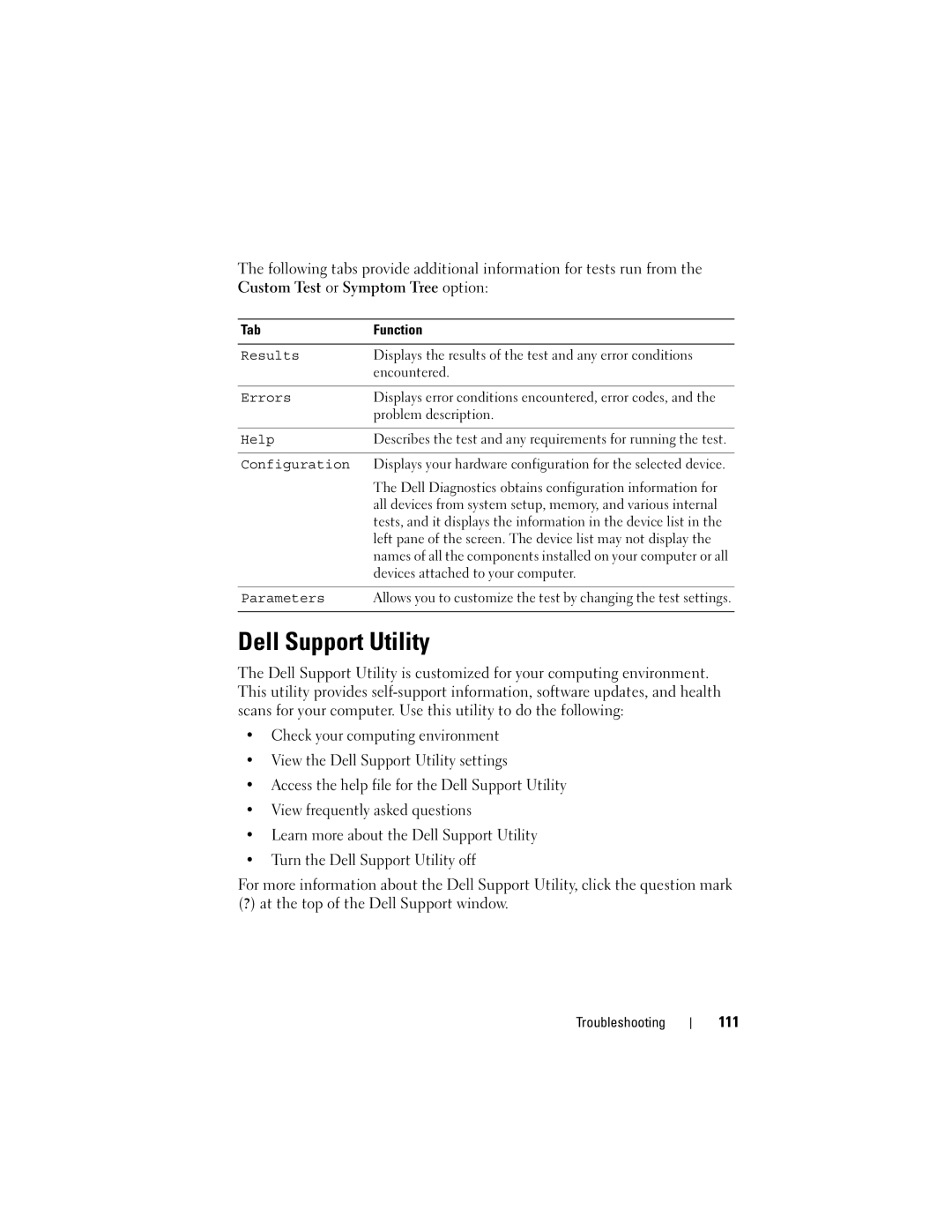 Dell TM373, PP06XA owner manual Dell Support Utility, 111, Tab Function 