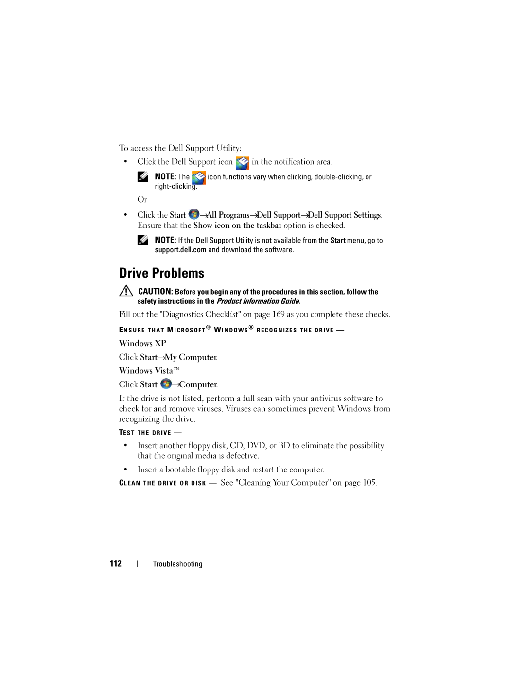 Dell PP06XA, TM373 owner manual Drive Problems, Click the Dell Support icon in the notification area, 112 