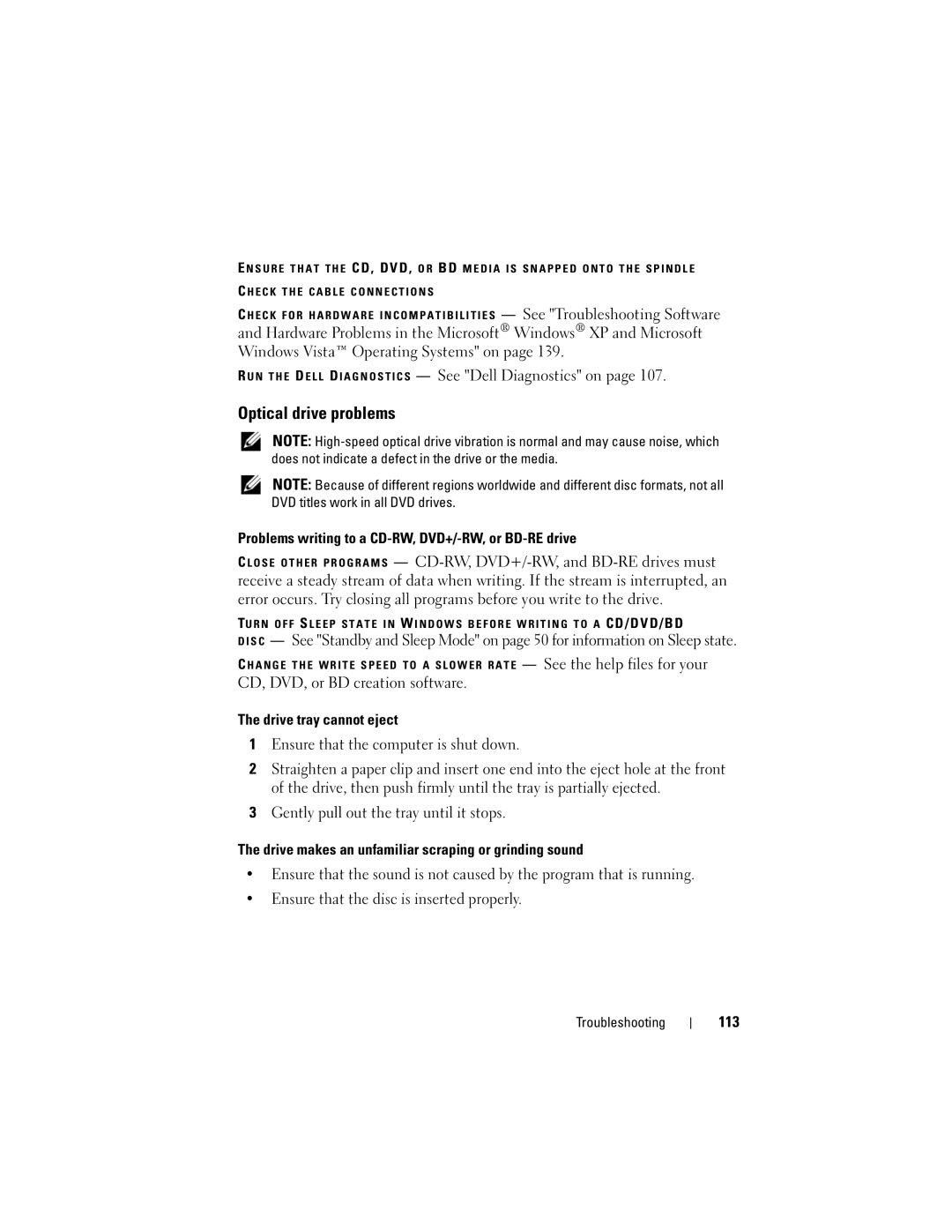 Dell TM373, PP06XA owner manual Optical drive problems, Problems writing to a CD-RW, DVD+/-RW, or BD-RE drive, 113 