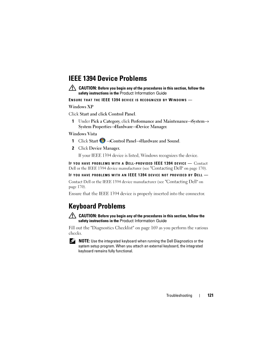 Dell TM373, PP06XA owner manual Ieee 1394 Device Problems, Keyboard Problems, 121 