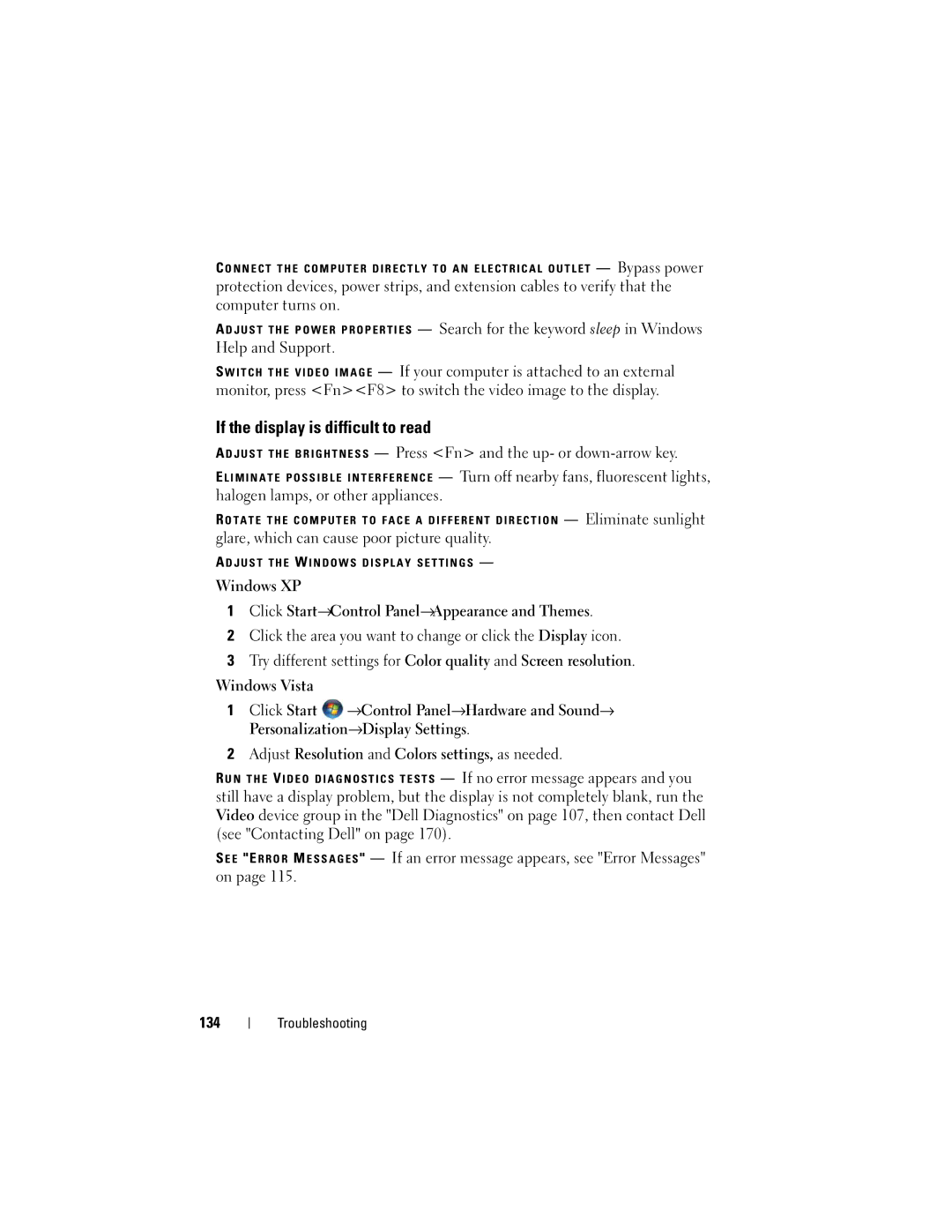 Dell PP06XA, TM373 owner manual If the display is difficult to read, 134 