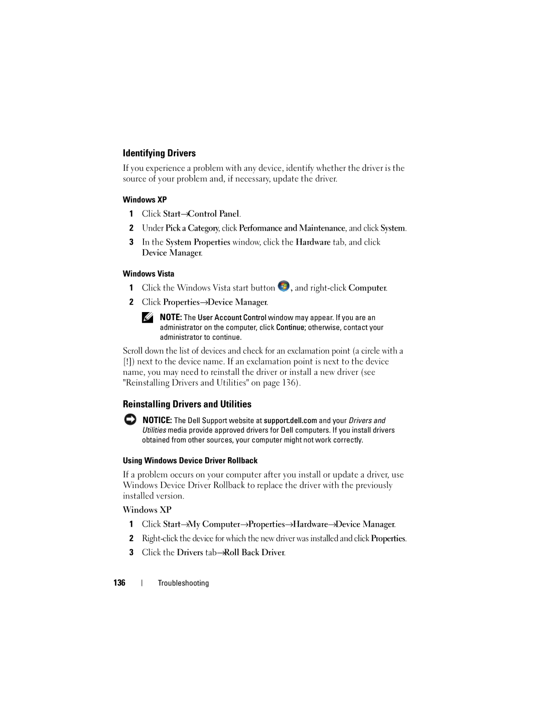 Dell PP06XA, TM373 Identifying Drivers, Reinstalling Drivers and Utilities, Using Windows Device Driver Rollback 