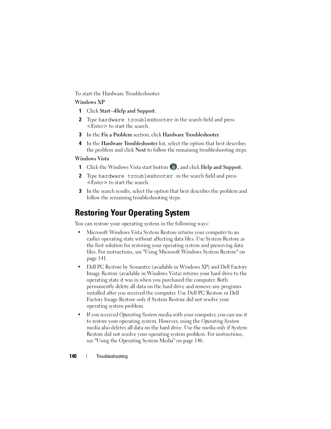 Dell PP06XA, TM373 owner manual Restoring Your Operating System, 140 