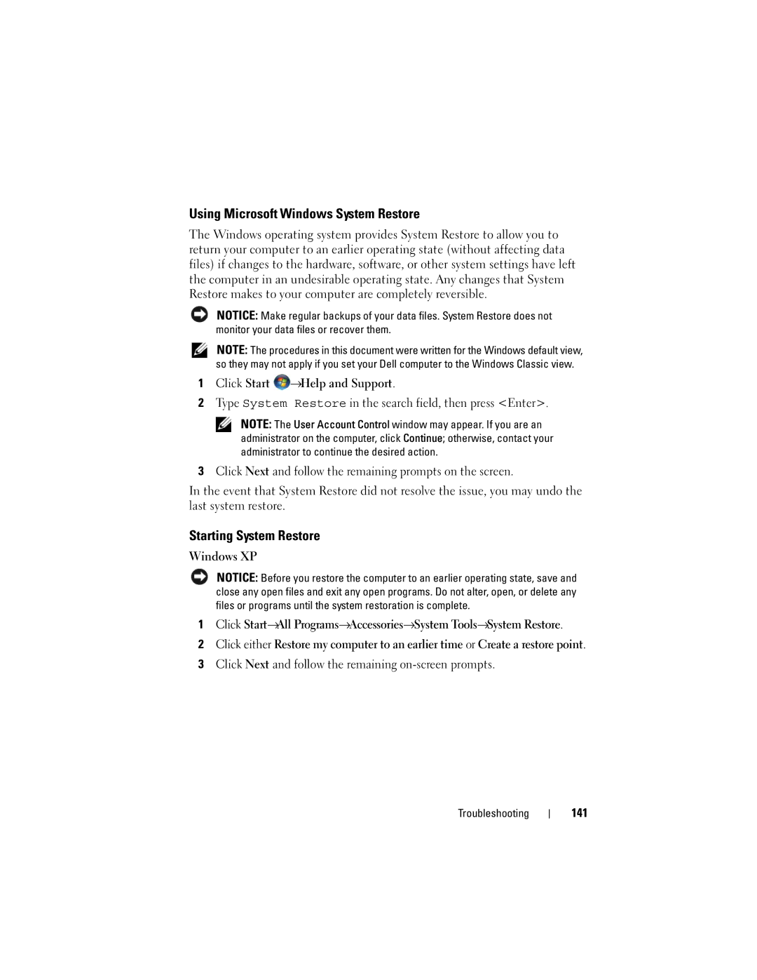 Dell TM373, PP06XA owner manual Using Microsoft Windows System Restore, Starting System Restore, 141 