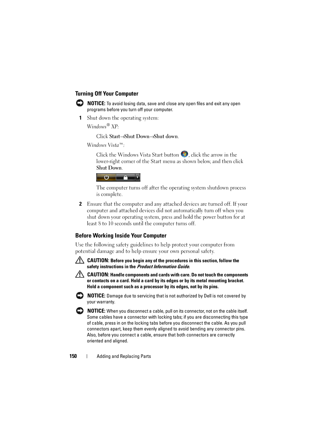 Dell PP06XA, TM373 owner manual Turning Off Your Computer, Before Working Inside Your Computer, 150 