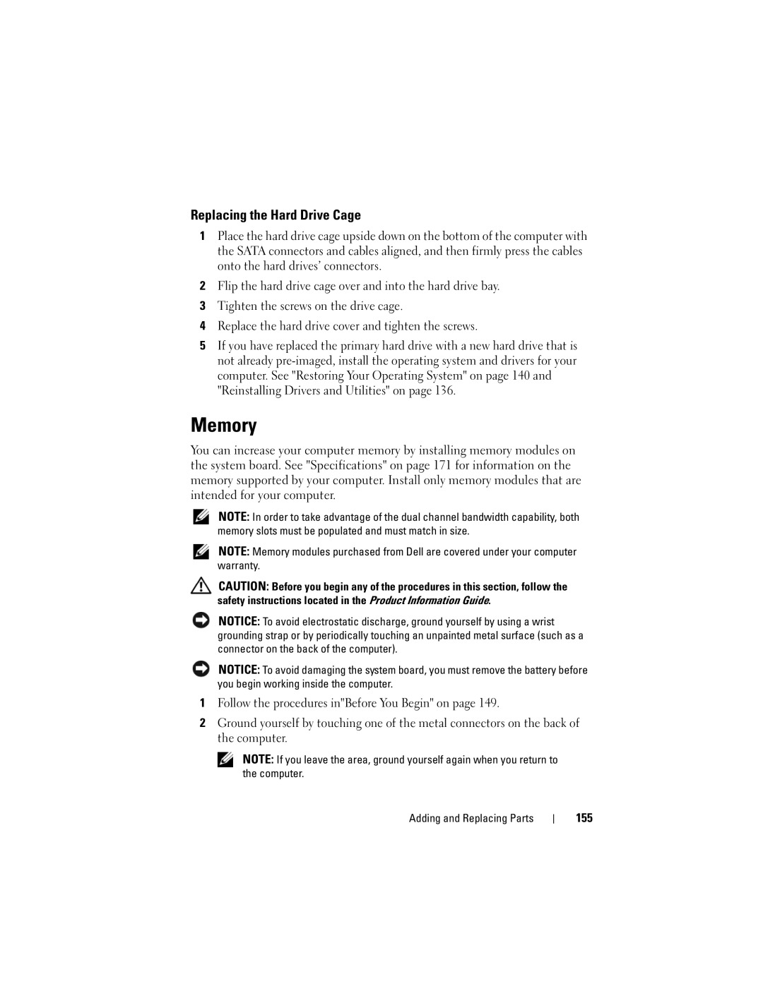 Dell TM373, PP06XA owner manual Memory, Replacing the Hard Drive Cage, 155 