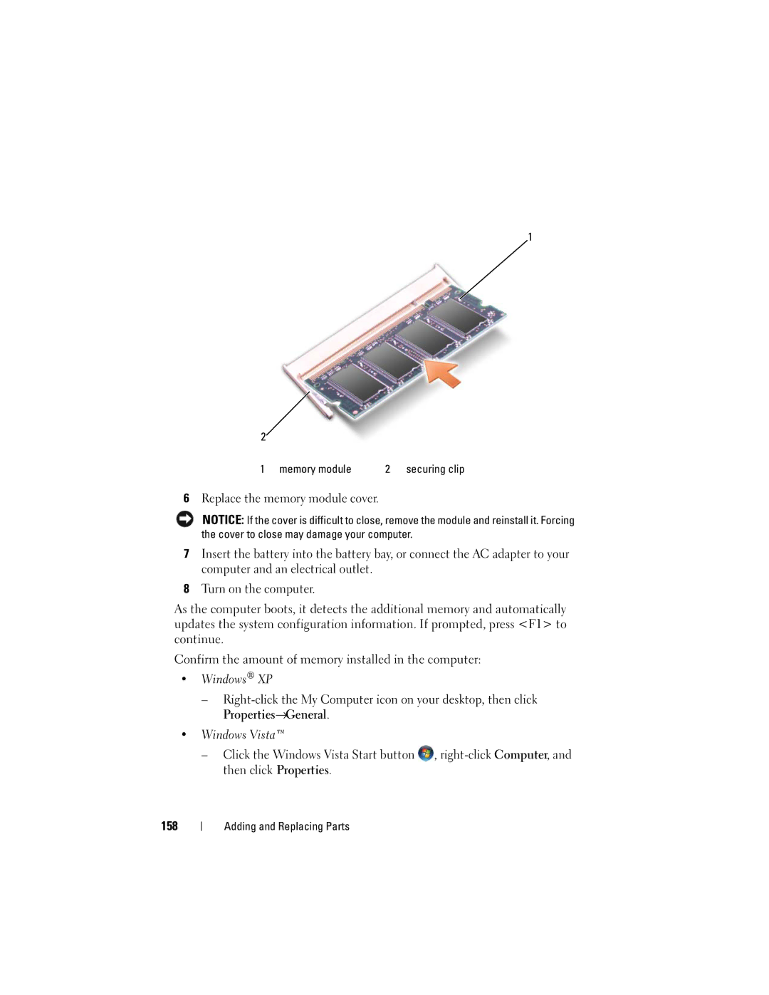 Dell PP06XA, TM373 owner manual Memory module Securing clip 