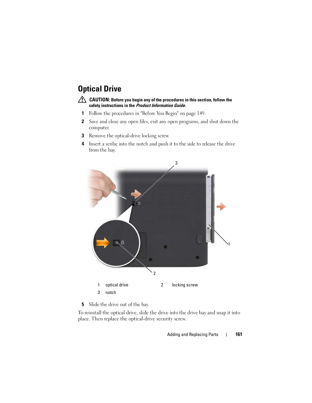 Dell TM373, PP06XA owner manual Optical Drive, Slide the drive out of the bay, 161, Notch 