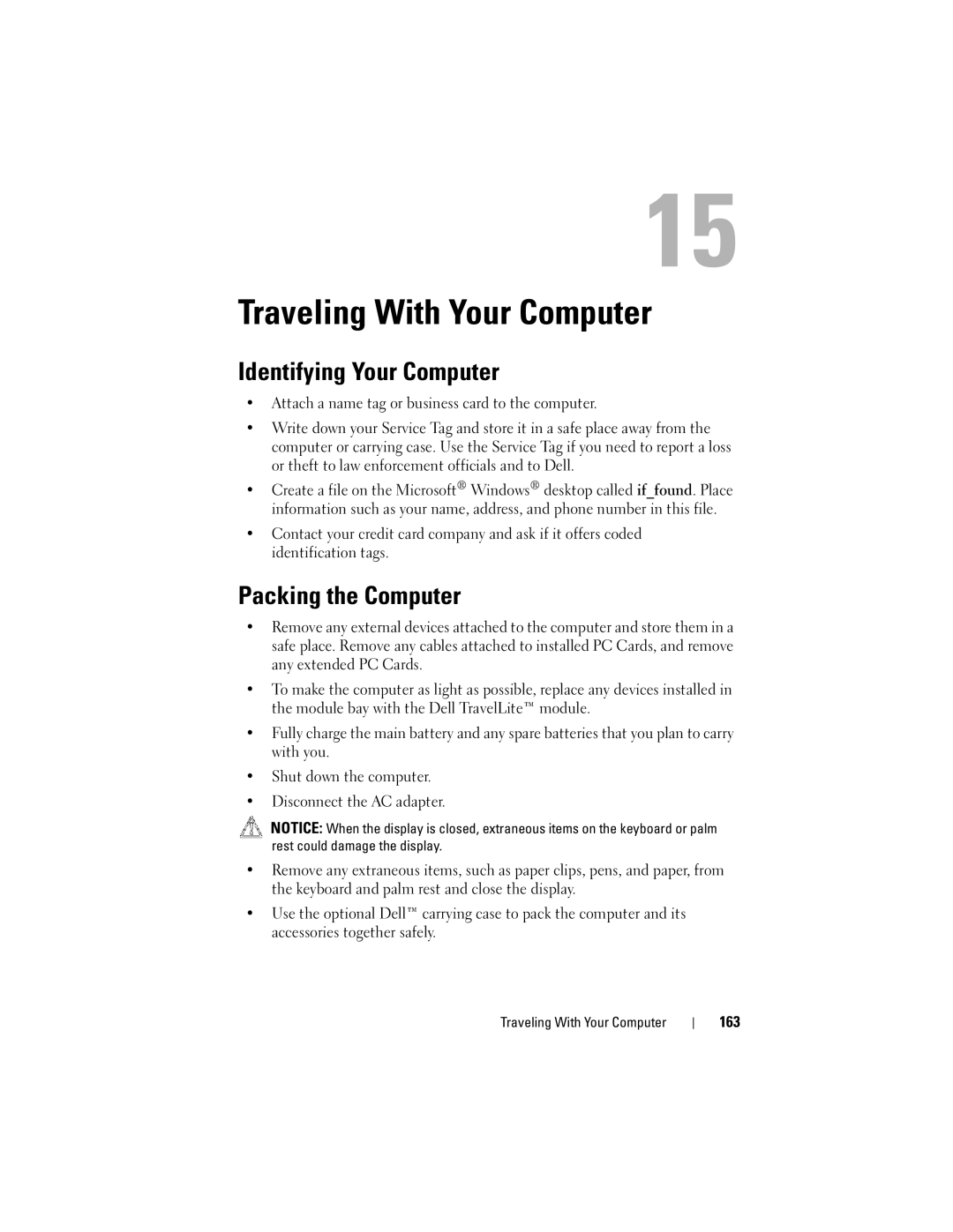 Dell TM373, PP06XA owner manual Traveling With Your Computer, Identifying Your Computer, Packing the Computer, 163 