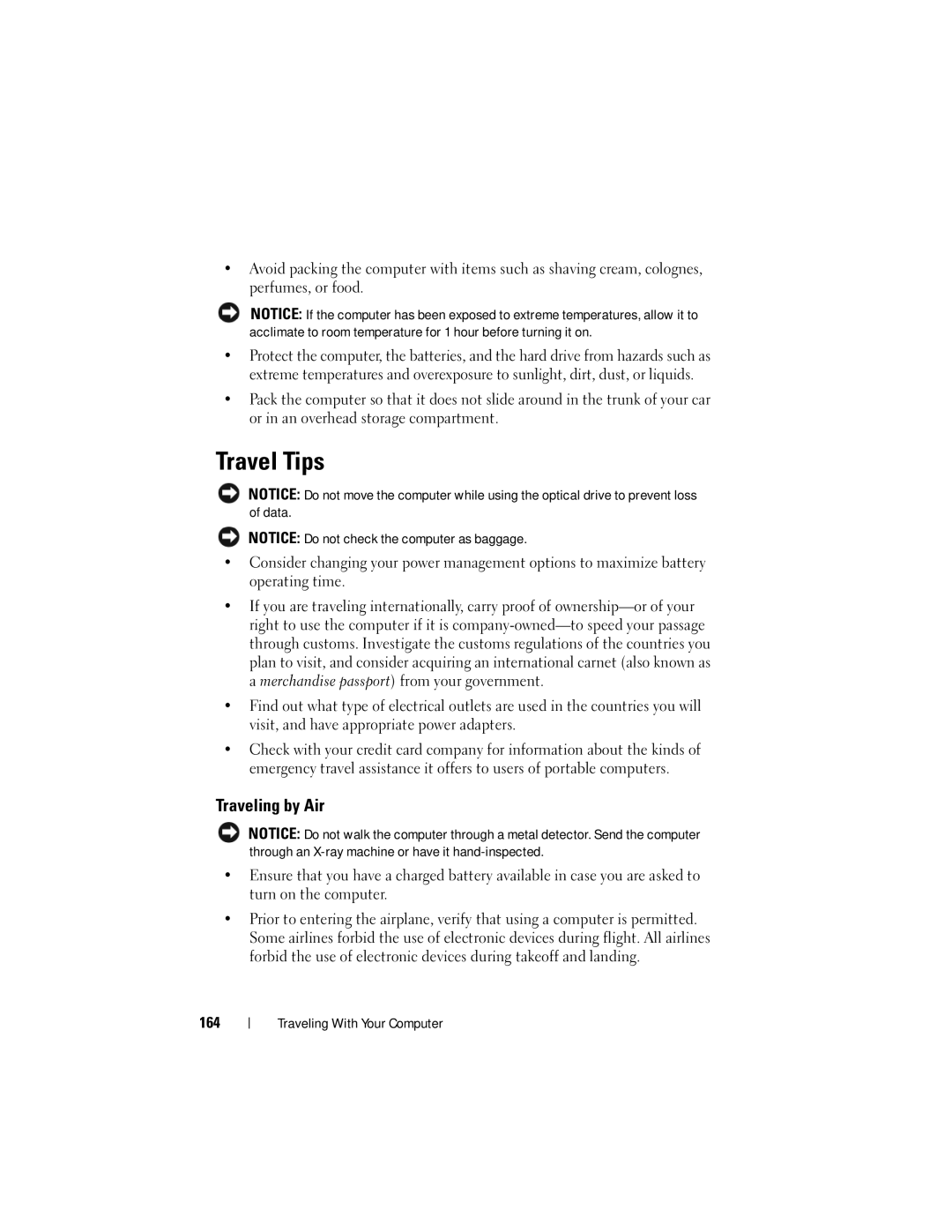 Dell PP06XA, TM373 owner manual Travel Tips, Traveling by Air, 164 