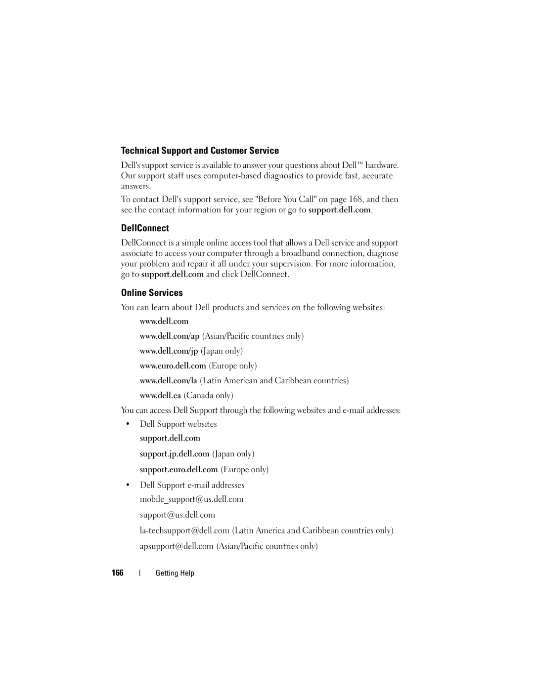 Dell PP06XA, TM373 owner manual Technical Support and Customer Service, DellConnect Online Services, 166 