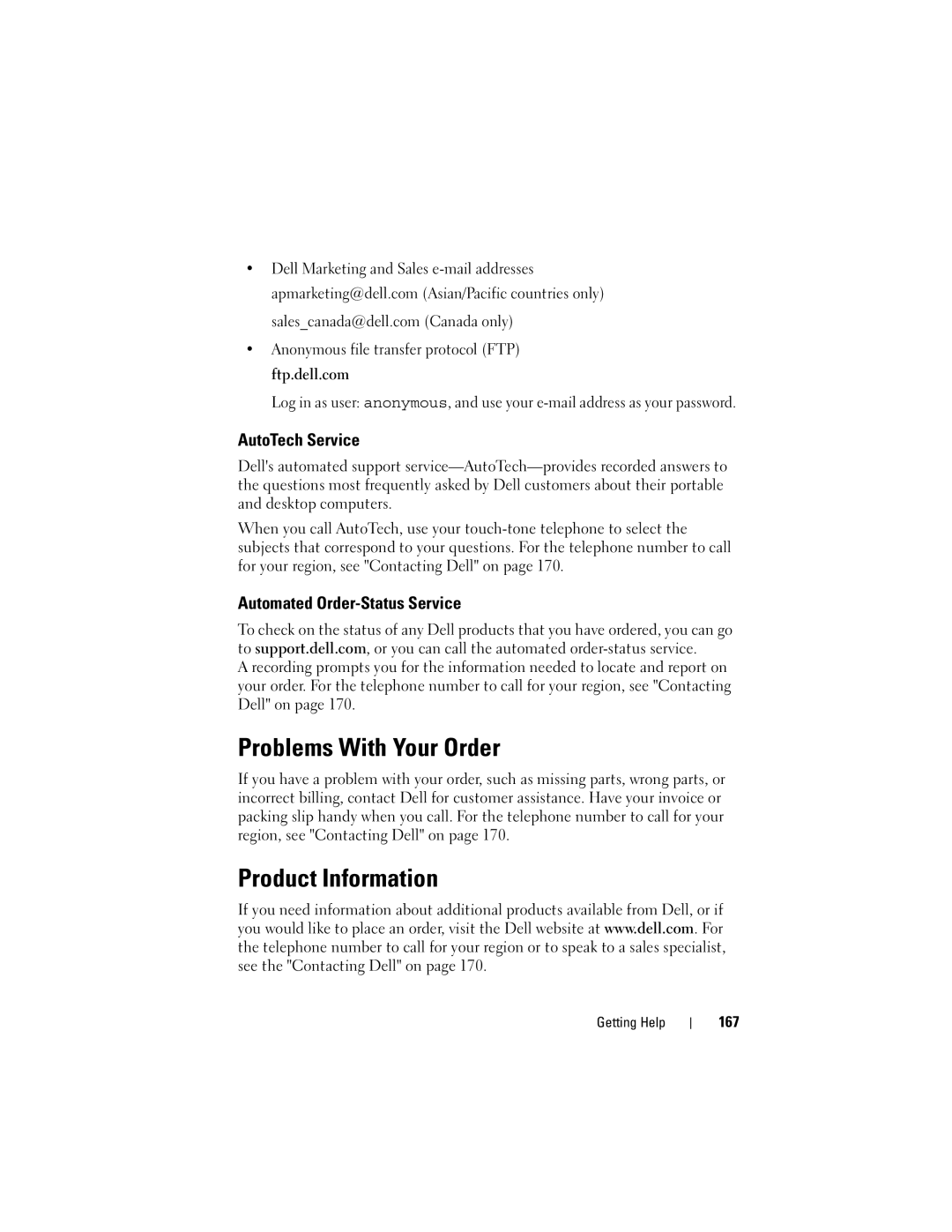 Dell TM373, PP06XA Problems With Your Order, Product Information, AutoTech Service, Automated Order-Status Service, 167 