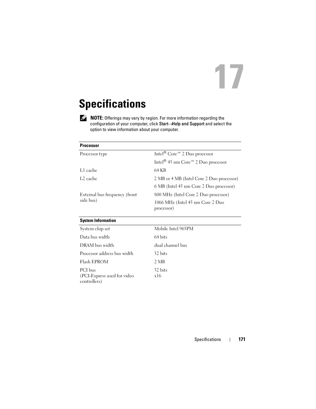 Dell TM373, PP06XA owner manual Specifications, 171, MB Intel 45 nm Core 2 Duo processor 