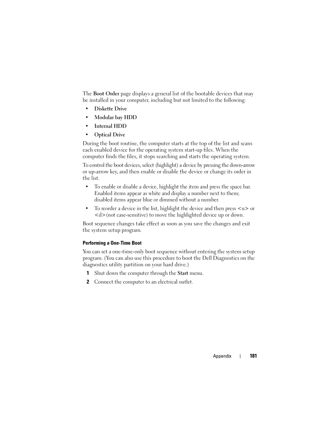 Dell TM373, PP06XA owner manual Diskette Drive Modular bay HDD Internal HDD Optical Drive, Performing a One-Time Boot, 181 